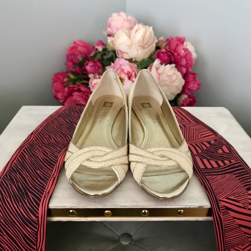 Anne Klein "Bitty" Leather Peep Toe Wedge